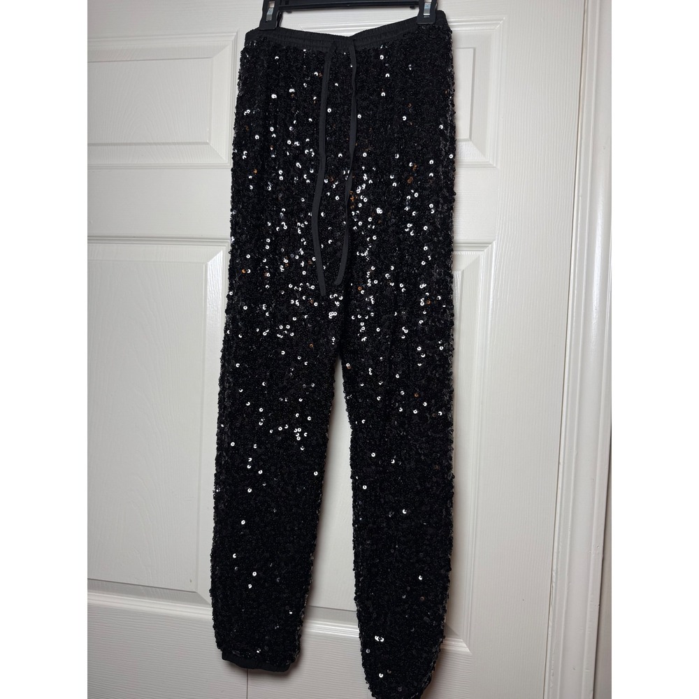 AQUA Womens Black Sequin Jogger Pants Elastic Drawstring Waist Size XS Holiday
